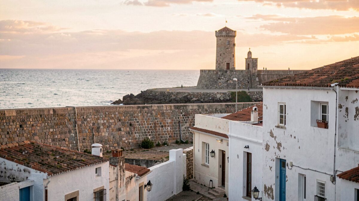 Tramo de muralla de piedra junto al mar al atardecer, con una torre cilíndrica al fondo y el casco antiguo encalado en primer plano, encuadre horizontal.