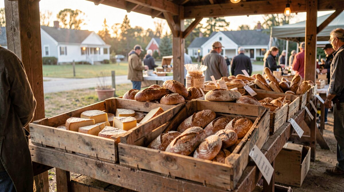 Un puesto de granja al amanecer en un mercado rural de Nueva Inglaterra, con quesos y pan en cajas de madera, luz cálida y encuadre a la altura de la mesa.