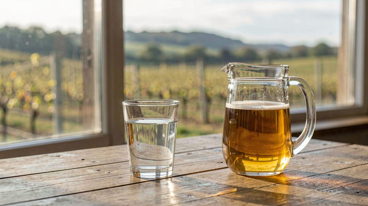 Un vaso de agua de manantial sobre una mesa de madera junto a una jarra de cerveza, con la luz de la mañana entrando por una ventana lateral y el fondo desenfocado de un paisaje de viñedos.