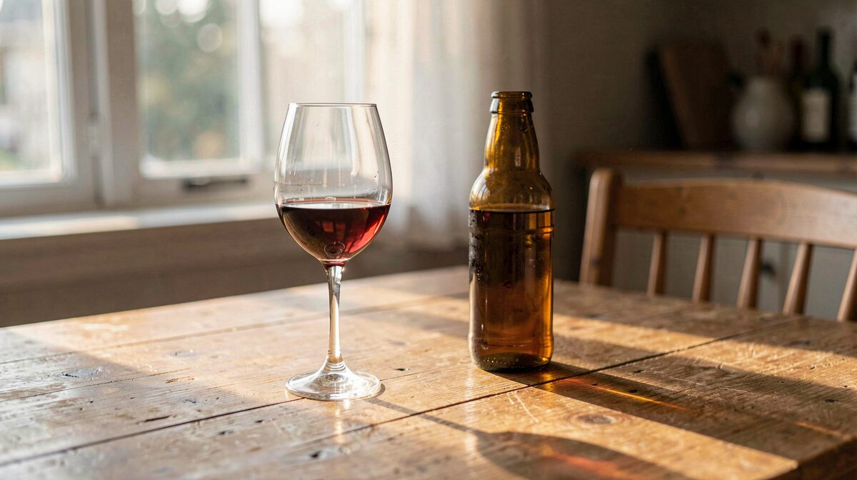 Una mesa de madera con dos copas de vino y una jarra de cerveza, luz lateral de tarde, encuadre a ras de mesa